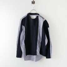 サカイ sacai スウェット ドッキング ストライプ シャツ ブラウス 2/ネイビー サックス 再構築 切替 ジッパー 【2400013735629】_画像1