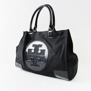 定価3.3万 トリーバーチ TORY BURCH エナメル ナイロン トートバッグ/ブラック ロゴ パテントレザー【2400013755986】