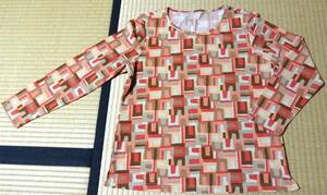 少し着用、長袖オレンジ系幾何学模様の長袖カットソー、サイズL、㈱レナウン、Addenda、ポリエステル100％、日本製