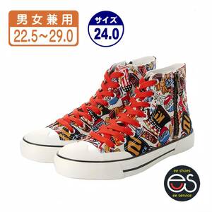 ★新品・人気★【23557_RED_24.0】キャンバスシューズ　ハイカットバスケットシューズ　ファスナー付きスニーカー　男女兼用（22.5～29.0)