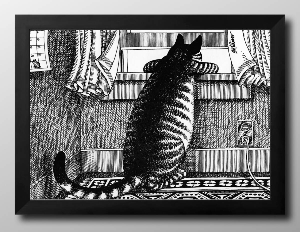 14458■무료배송!! 아트 포스터 페인팅 A3 사이즈 잠겨있는 고양이 일러스트 북유럽 무광택 용지, 주택, 내부, 다른 사람