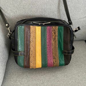 【中古品】ショルダーバッグ オーストリッチ 革 パッチワーク