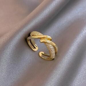 ゴールドリング　ジルコニア　指輪　レディース　サイズフリー　オープン　デザイン　韓国　おしゃれ　大人　新品