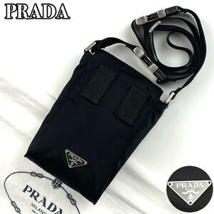 【美品】PRADA プラダ ショルダーバッグ 2way スマホケース 三角ロゴプレート シルバー金具 白タグ テスートナイロン 黒 ブラック 男女兼用