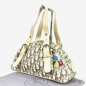 美品●Christian Dior ディオール ハンドバッグ トロッター 総柄 花 フラワー 刺繍 ミニボストン シルバー金具 レザー キャンバス ベージュの画像2