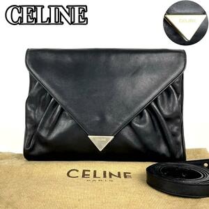 美品●CELINE セリーヌ ショルダーバッグ 2way 三角プレート ゴールド金具 キルティング C ギャザー レザー 黒 ブラック 斜め掛け 男女兼用