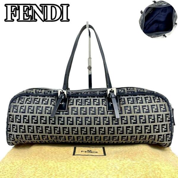 美品●FENDI フェンディ ハンドバッグ ズッキーノ FF 総柄 ズッカ シルバー金具 ミニボストン 筒型 レザー キャンバス 紺 ネイビー グレー