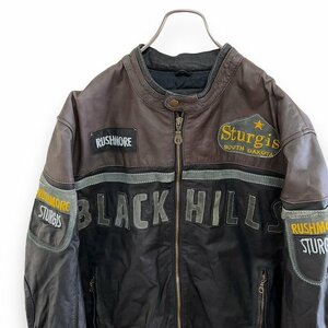 １スタ DARK WEAR BLACK HILLS MC 2XL アメリカ古着 刺繍ロゴ　バイク　レーシング　レザー　ライダースジャケット　ブラック　18 メンズ
