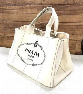 (4)PRADA プラダ カナパ キャンバス トートバッグ アイボリー 