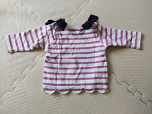 プティマイン　肩リボンボーダースカラップトップス　子供服 キッズ カットソー 女の子 Tシャツ　ロンT　80 ピンク　長袖