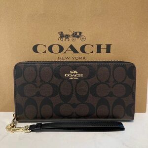 新品 COACH長財布 コーチ レディース メンズ シグネチャー ダークブラウン