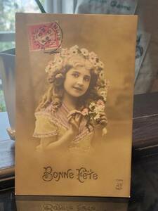 フランス　アンティーク　お花髪飾り　水玉レースワンピース　ドレス　少女　可愛いポストカード　１９００年！