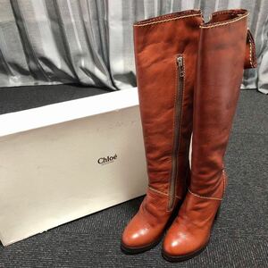 【クロエ】本物 Chloe 靴 24cm 茶 ブーツ サイドジッパー カジュアルシューズ 本革 レザー 女性用 レディース イタリア製 37 箱有り