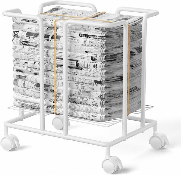 新聞ストッカー 耐荷重10kg 梱包便利 新聞ラック 丈夫スチール製 キャスター付き 新聞紙置き場 ホワイト