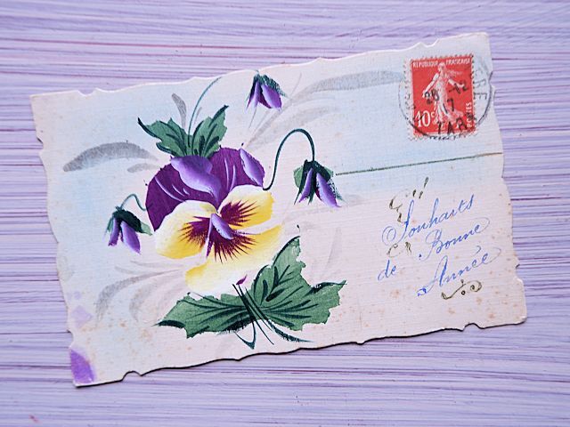 ★Francia/Postal antigua/Flores de pensamiento/Pintado a mano★Matasellos de 1917/Postal★, antiguo, recopilación, bienes varios, tarjeta postal