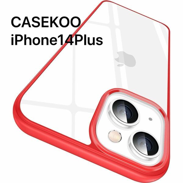 CASEKOO iPhone14Plus用 ケース クリア レッド ステッカー付