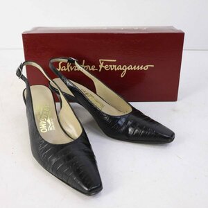 Ferragamo フェラガモ ROSIER クロコ調 バックストラップ ポインテッドトゥパンプス 7 1/2 C (24.5cm)黒 ブラック レザー★779v16