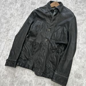 KK @ 古着 '極上LEATHER使用' SHIPS シップス 本革 ラムレザー 羊革 シャツ ジャケット sizeM 上着 メンズ 紳士服 アウター BLACK 黒系 