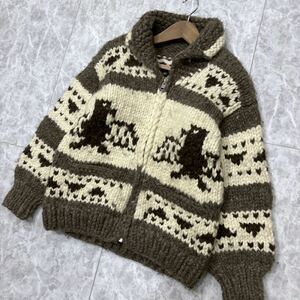 QQ ＊ カナダ製 '着心地抜群' 極上ウール100% ファルコン 総柄 肉厚 WOOL カウチン ニット ジップアップ セーター / ジャケット 古着 