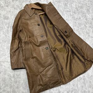 QQ1 ＊ 古着 極上LEATHER使用 '漢の逸品' ODD 本革 レザー 比翼 ステンカラー コート sizeL メンズ 紳士服 アウター BROWN