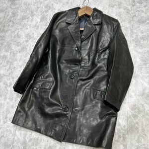 OOO @ 古着 '極上レザー使用' ブランド不明 本革 LEATHER 光沢 ツヤ感◎ コート ジャケット 上着 レディース 婦人服 アウター BLACK 黒系 