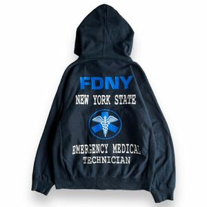 FIRE FIGHTERS ファイヤーファイター FDNY ニューヨーク市 消防局 救急 消防 プリント スウェット フーディー パーカー 釦 M ネイビー 紺