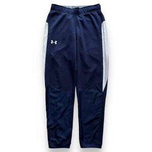 UNDER ARMOUR アンダーアーマー 裏パイル プリント ロゴ サイド ライン デザイン ジャージ トラック パンツ スポーツ MD ネイビー 紺