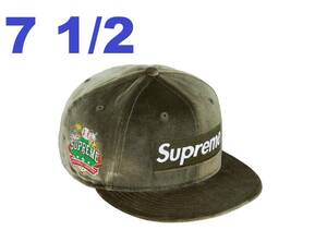 【100円スタート 即決あり 美中古 送料無料】Supreme Velour Box Logo New Era Olive 7 1/2 ベロア ボックス ニューエラ