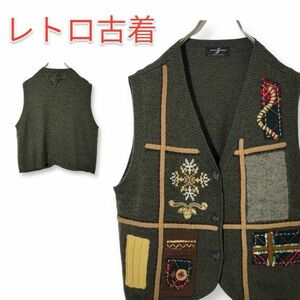 【美品】モヘア混 ニット セーター ベスト グレー レディース 刺繍 ビーズ スパンコール 古着 個性的