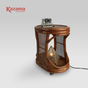 ヴィンテージ【KAZAMA】カザマ家具 ラタン製 サイドテーブル ワゴン（藤家具 ナイトテーブル インテリア