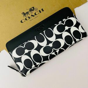 人気!! Coachコーチレディース長財布　新品　ブラック色シグネチャー ラウンドファスナー レザー