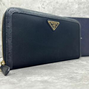 1円希少/美品 PRADA プラダ 長財布 ラウンドファスナー 三角プレートロゴ レザー ナイロン ヴィッテロムーブ ブラック 黒 ユニセックス