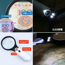 【VAPS_1】LEDライト付き 3倍 45倍 手持ちルーペ 虫眼鏡 虫メガネ ダブルレンズ 拡大鏡 老眼 読書 送込_画像2