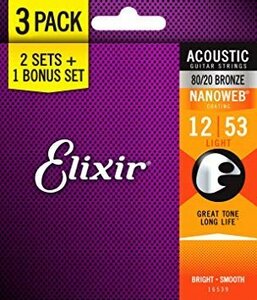【vaps_4】Elixir エリクサー アコースティックギター弦 3セットパック NANOWEB 80/20ブロンズ Light .012-.053 #16539 送込