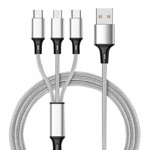 【vaps_3】3in1 充電ケーブル 《シルバー》 Type-C MicroUSB iPhone 2.1A高速充電 ナイロン編み タイプC マイクロUSB Android スマホ 送込