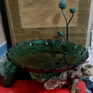 骨董品　KAMEI硝子　藍　深緑大皿　アンティーク　　スレ傷あり
