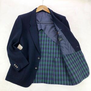 1円～★【大人お洒落な一品】ランバン LANVIN PARIS カシミヤ混 ウール テーラード ジャケット ブレザー 裏面総柄 チェック ネイビー L相当