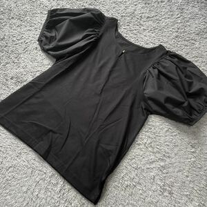 Vis★ビス★ネックビット異素材パフ袖プルオーバー黒F★新品24