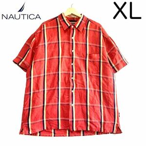 輸入古着 Nautica ノーティカ 半袖 ボックスシャツ リネン オーバーサイズ ブロックチェック柄シャツ