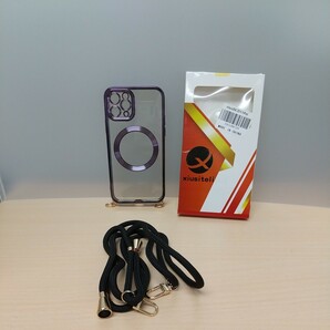 y020917fm iPhone 11 Pro ケース MagSafe 対応 ワイヤレス充電 ショルダー ストラップ付き 調節可能 透明 メッキ加工 パープルの画像2