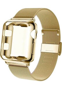 y021917fm コンパチブルApple Watch バンド38mm 調節可能 ステンレス鋼 磁気 通気 メッシュ ベルト 保護ケース 付き ゴールド