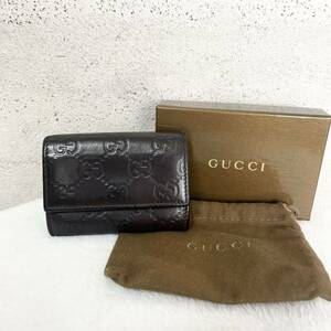 【贅沢品の極み】GUCCI グッチ コインケース　カードケース　GG シマ　総柄　レザー　本革　ダークブラウン