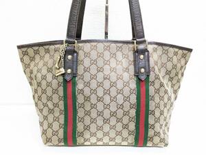 【良品】GUCCI/グッチ GGキャンバス シェリーライン トートバッグ ハンドバッグ チャーム有 肩掛け 鞄 ベージュ