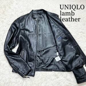 UNIQLO【名作ライダース】ユニクロ メンズ シングルライダース ジャケット ラムレザー 羊革 ジッパー ボタン ブラック 黒 Lサイズ 美品