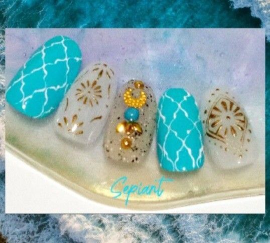 No41 ジェルネイルチップ☆付け爪☆モロッコタイル☆ターコイズブルー