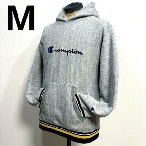 良品 M Champion チャンピオン ラインリブ リバース パーカー リブライン グレー パーカ アメリカ USA 古着 刺繍ロゴ C8-S103