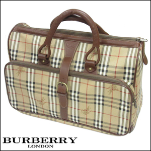 TS バーバリーブルーレーベル/Burberry ラージボストンバッグ ノバチェック PVC×レザー ブラウン系 状態良好