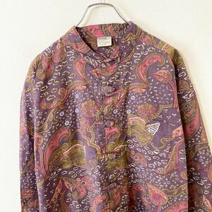 【リメイク】Vintage 総柄　チャイナシャツ　長袖　古着　ヴィンテージ　長袖シャツ 卸　古着卸