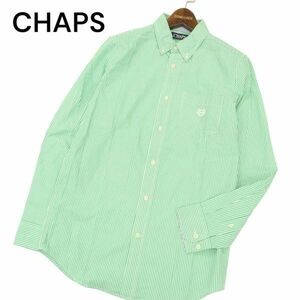 美品★ CHAPS チャップス ラルフローレン 通年 ロゴ刺繍★ インド綿 長袖 ボタンダウン ストライプ シャツ Sz.S　メンズ 緑　C4T01412_2#C