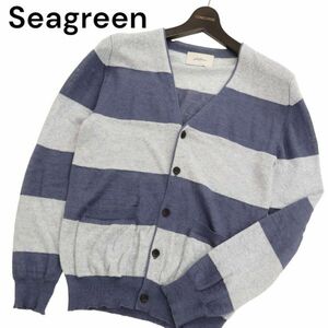 Seagreen シーグリーン 春夏 麻 リネン★ ボーダー ニット カーディガン Sz.1　メンズ グレー × ネイビー 日本製　C4T01443_2#J